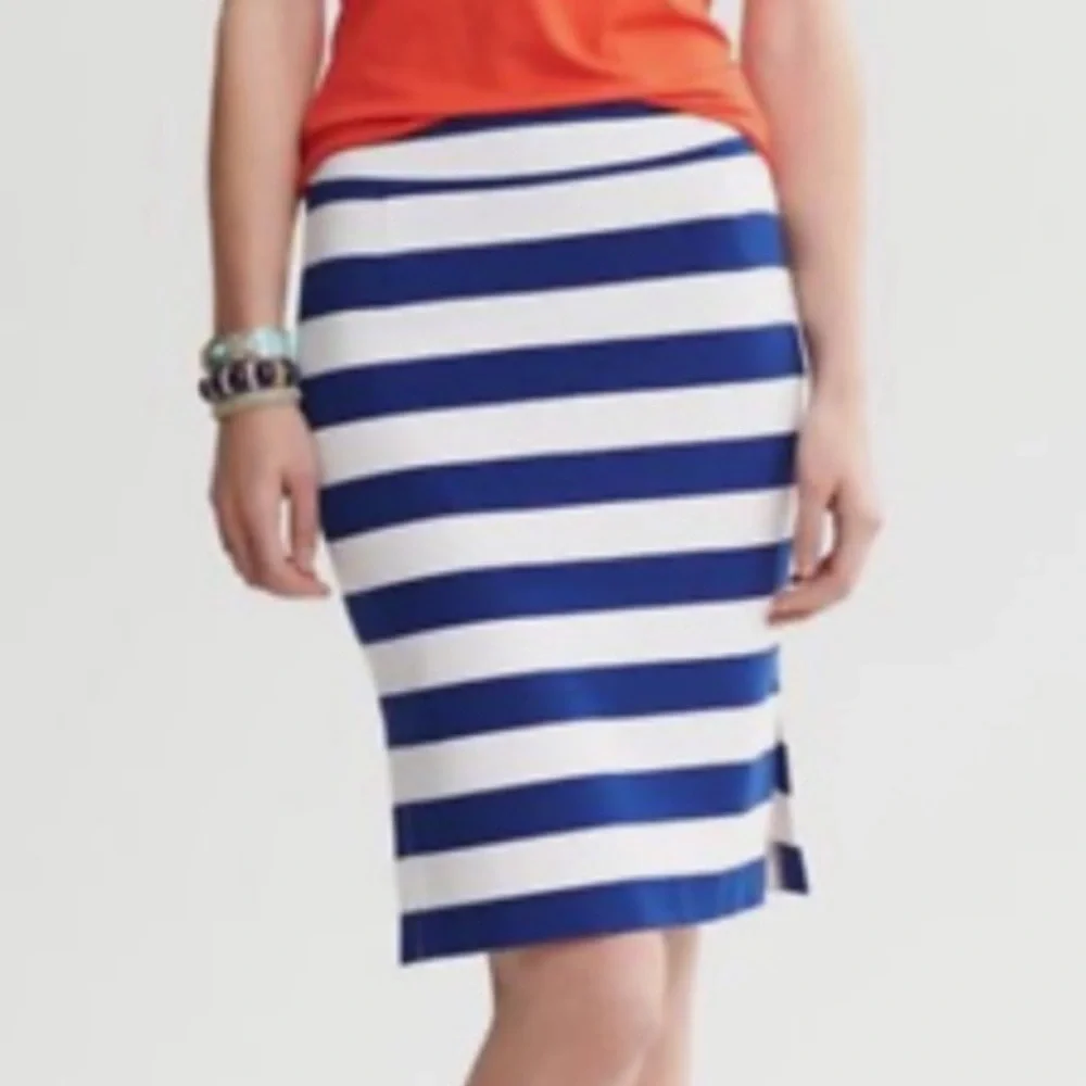 NWT Banana Republic Royal Blue & White Striped Ponte Knit Side Slit Pencil Skirt - Picture 1 of 16